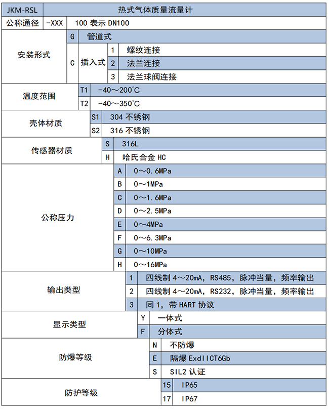 分體式熱式氣體質量流量計選項表